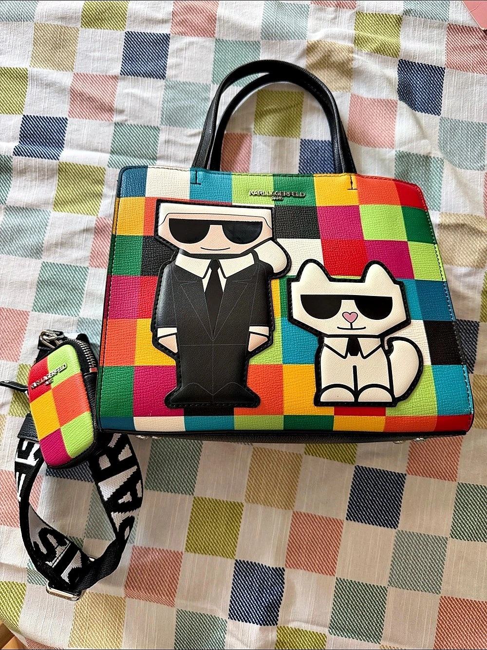 Karl Lagerfeld Maybelle Multicolor Pixelated Checkered Satchel with Choupette